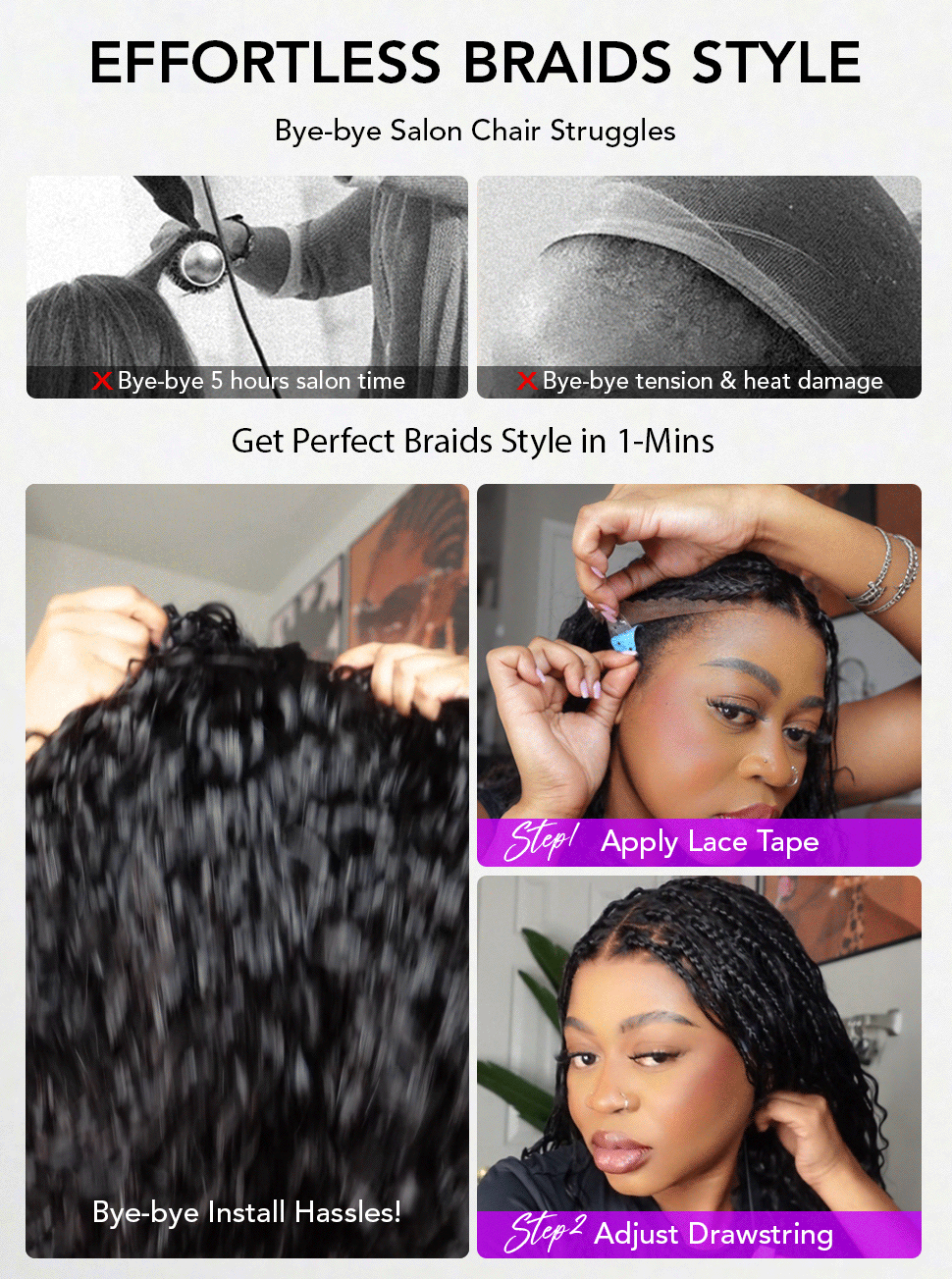 Knotless Boho Braids HD 13x6 Lace Frontal Wig Flexi Fit Drawstring Cap Water Wave Glueless Braided Wigs