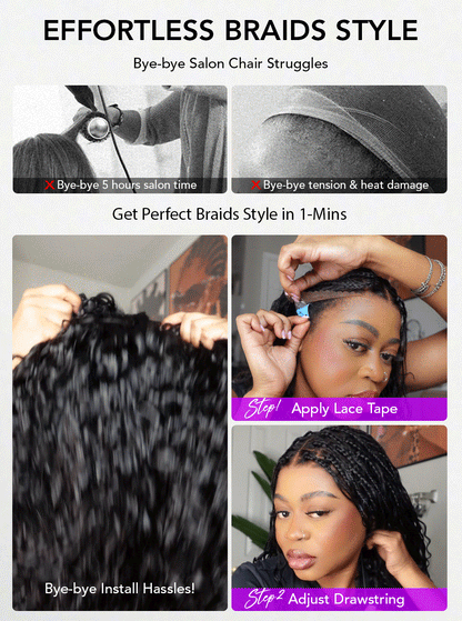 Knotless Boho Braids HD 13x6 Lace Frontal Wig Flexi Fit Drawstring Cap Water Wave Glueless Braided Wigs