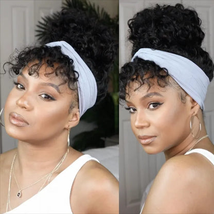 Natural Black Curly Long Hair Headband Glueless Wig