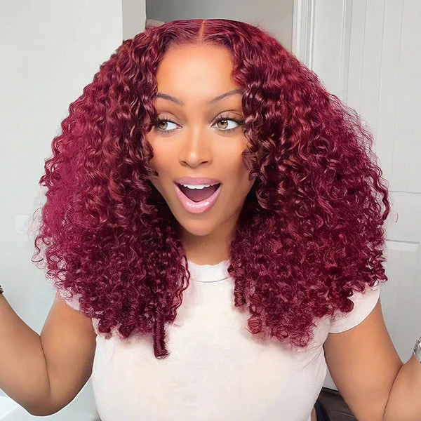 [Glueless Wig]  Burmese Curly 99J Color Pre-Cut 5X5/4x4 Lace Wear Go Wig