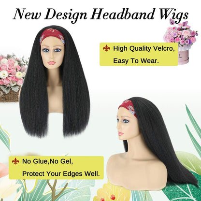 1B Black Kinky Straight Long Hair Headband Glueless Wig