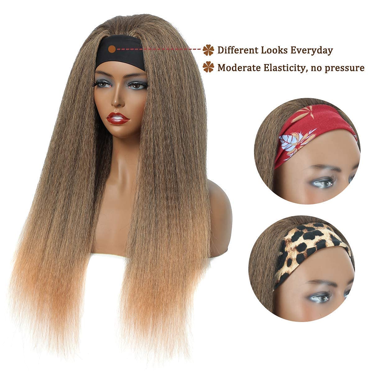 T27#  Kinky Straight Long Hair Headband Glueless Wig