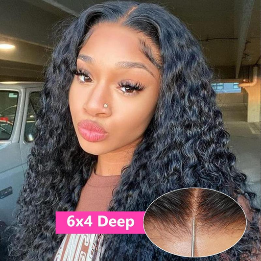 [Glueless Wig] Natural Black pre-cut Deep Wave 6X4 HD Lace  Closure 100%  Wig
