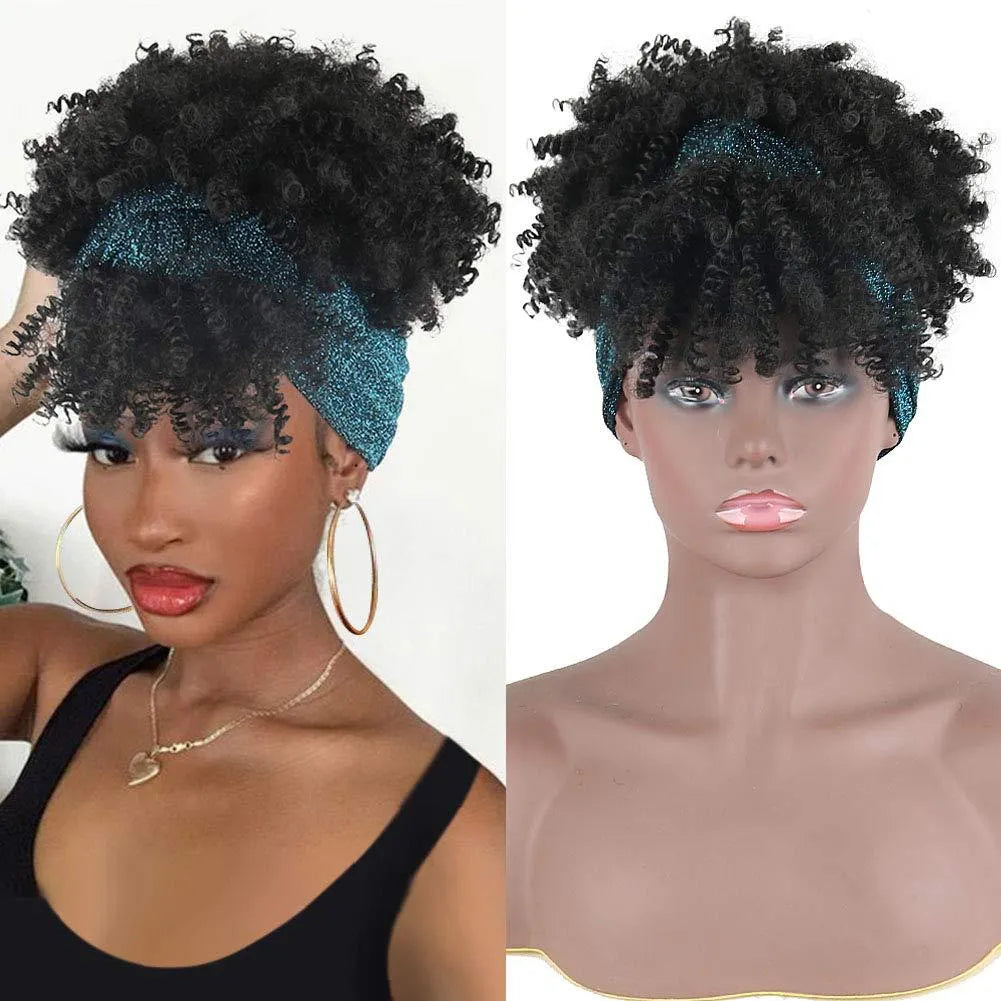 Short Afro Kinky Curly Wigs with Headband