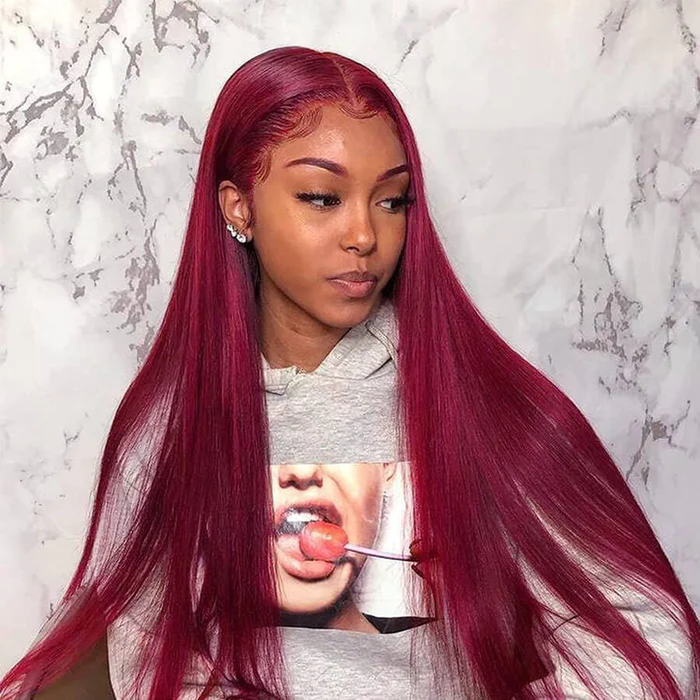 [Glueless Wig] Hair Red Color #99J Straight Wig 4x4 & 5x5  Pre-cut Lace Easy To Wear Glueless Wigs