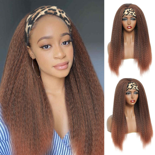T30# Black Gradient Dark Brown Kinky Straight Long Hair Headband Glueless Wig