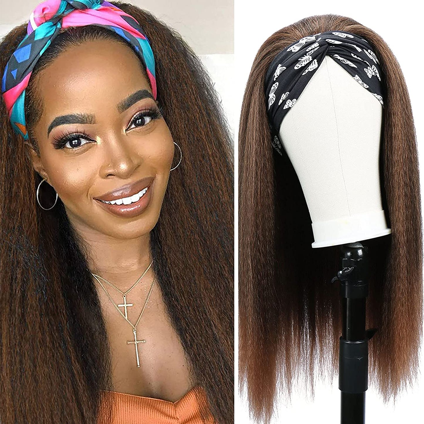 Brown Kinky Straight Long Hair Headband Glueless Wig