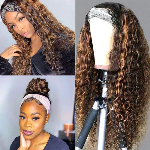 Black Mixed Brown Curly Long Hair Headband Glueless Wig