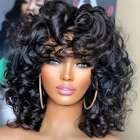 12 Inch Elegant Short Roll Wavy Costume Wig Natural Black Soft Curly Wig