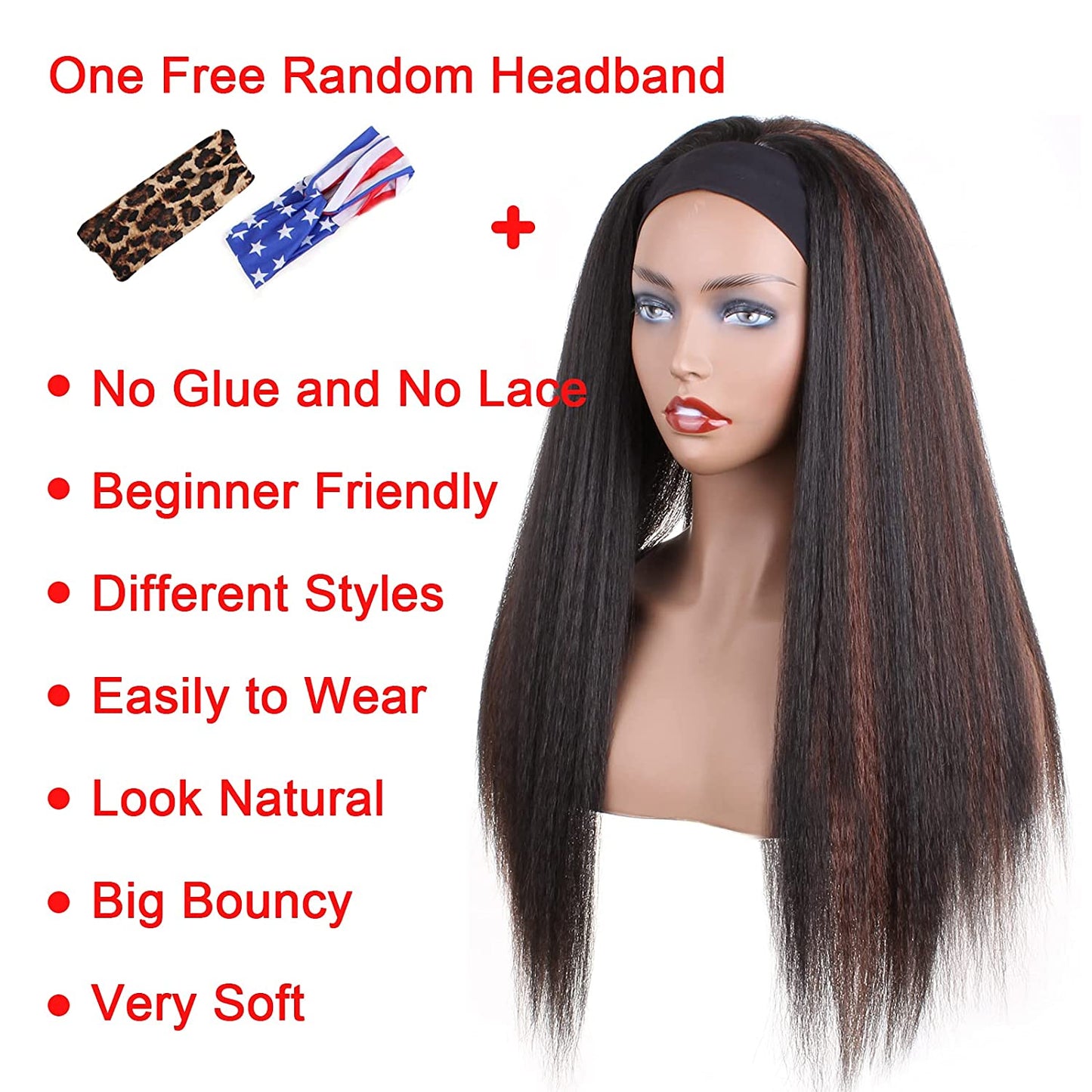 Black Mixed Brown Kinky Straight Long Hair Headband Glueless Wig