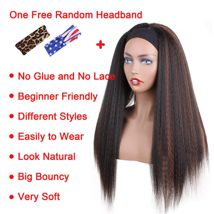 Black Mixed Brown Kinky Straight Long Hair Headband Glueless Wig