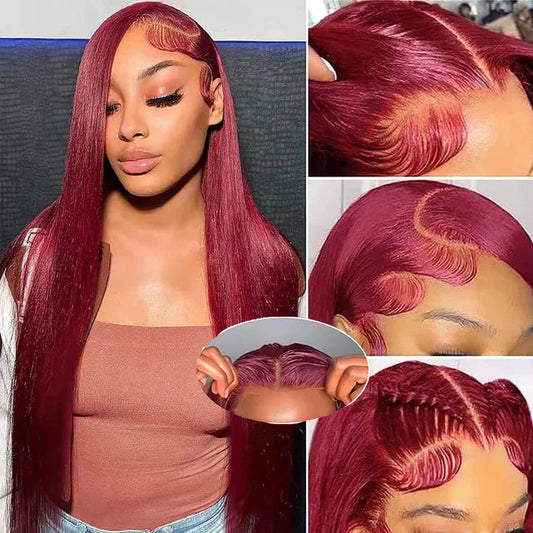 [Glueless Wig] Hair Red Color #99J Straight Wig 4x4 & 5x5  Pre-cut Lace Easy To Wear Glueless Wigs