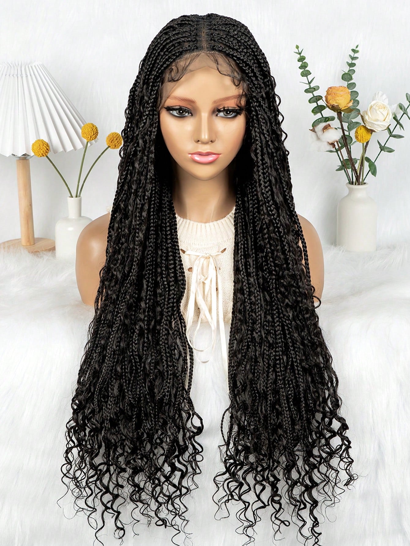 BohoFull Lace Braided Wig, Long Wavy Crochet Braids Wig With Baby Hair, Handmade No-Knot Woven Braid Wave Headband Hair Extension