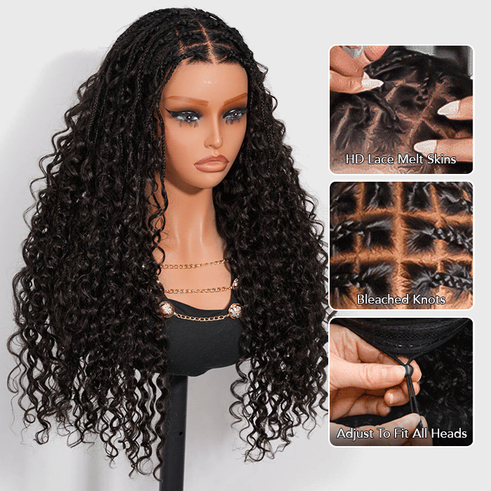 Knotless Boho Braids HD 13x6 Lace Frontal Wig Flexi Fit Drawstring Cap Water Wave Glueless Braided Wigs