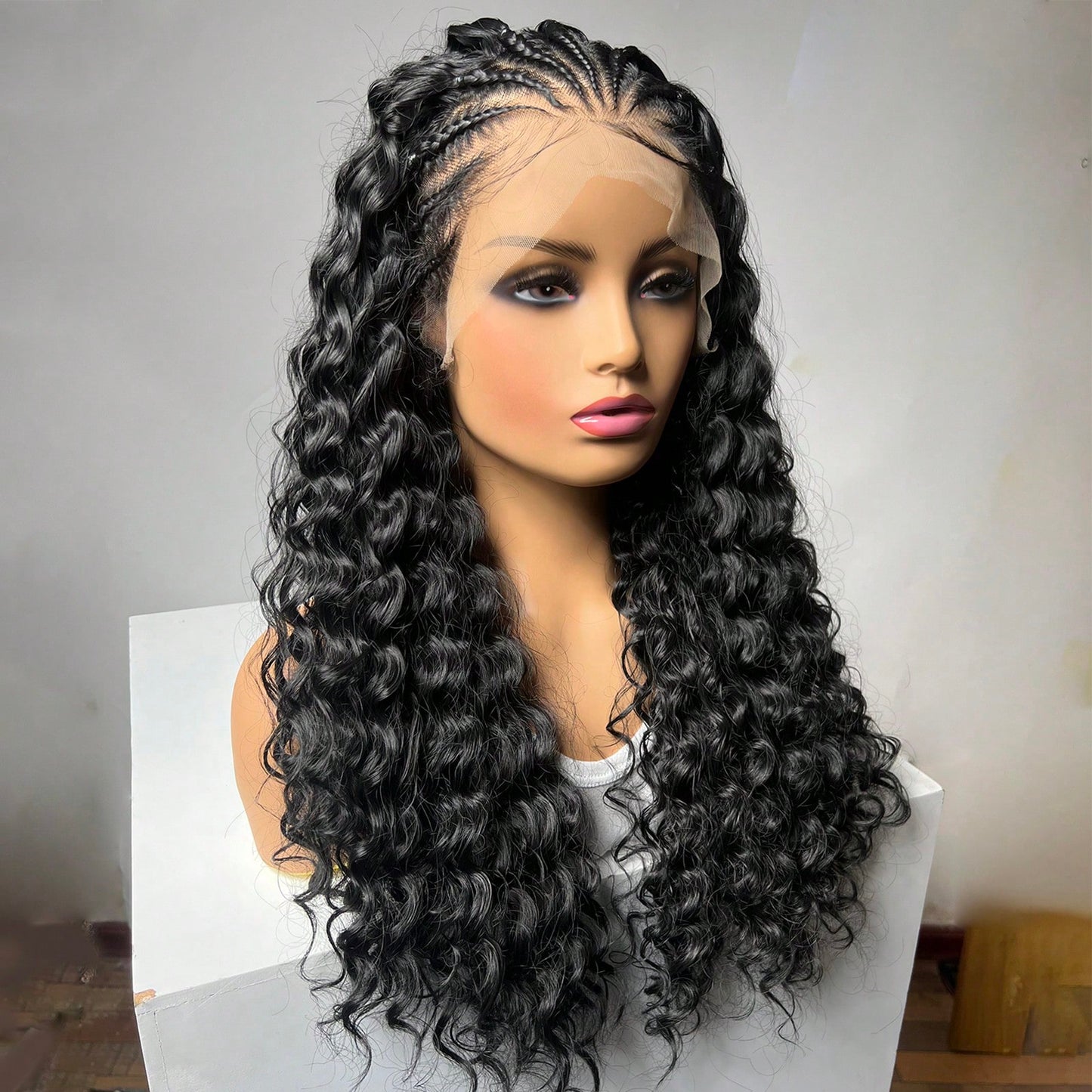 26 Inches Long 13x4 Front Lace Braids Curly Glueless Wigs With Baby Hair