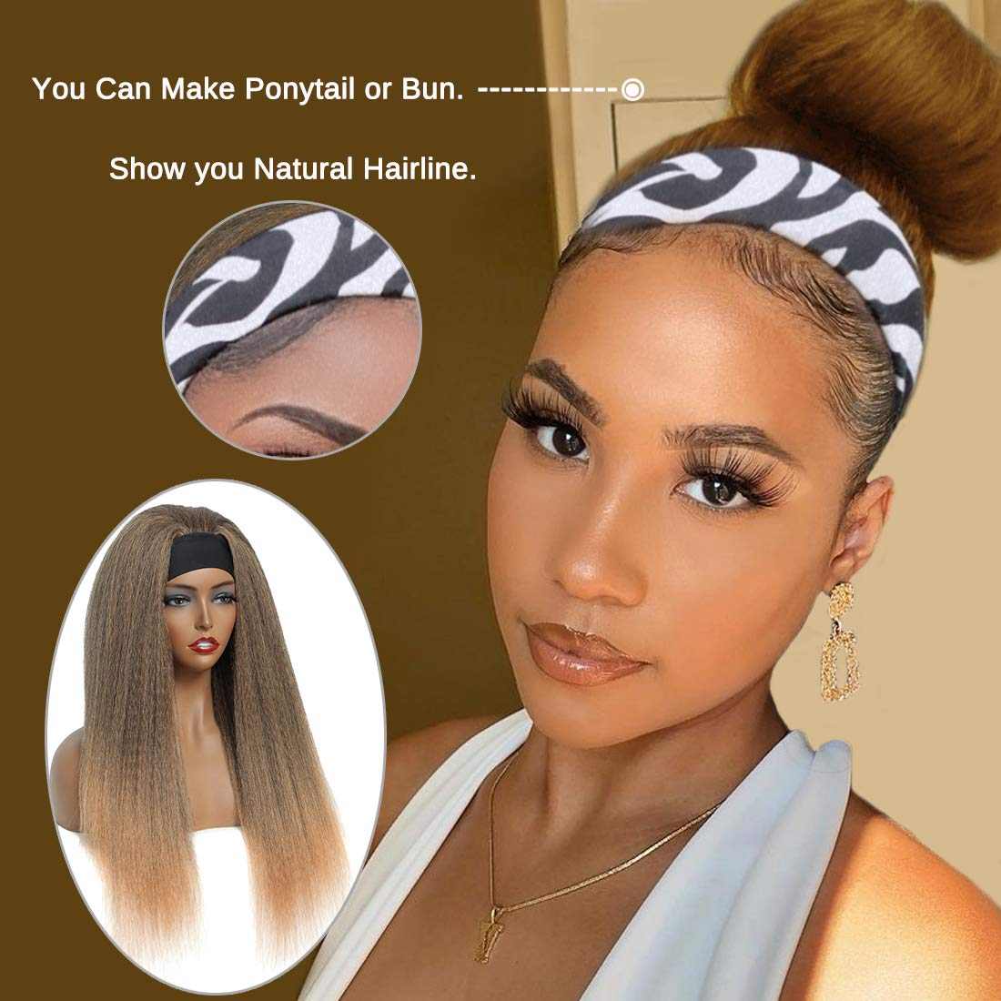 T27#  Kinky Straight Long Hair Headband Glueless Wig