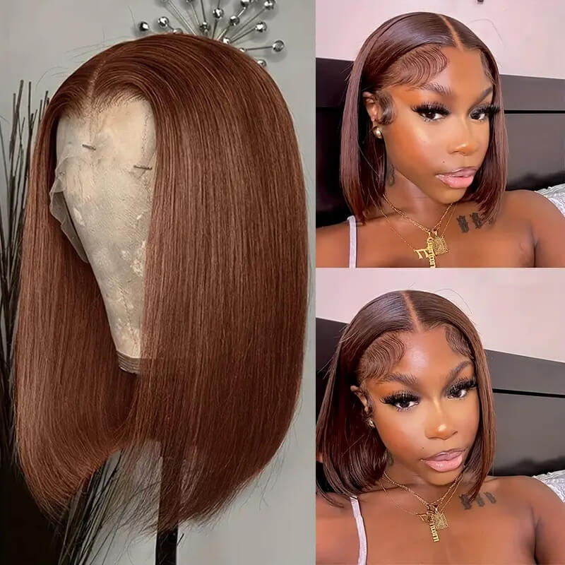 Blunt Cut Short Bob Wigs #4 Brown Colored 13x4 Lace Front Straight Wigs 220% Density