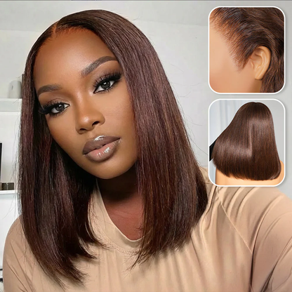 #4 Brown Blunt Cut Bone Straight Bob Wig 2x6/13x4 Inch Deep Part Realistic Lace Vietnam Hair 220% Density