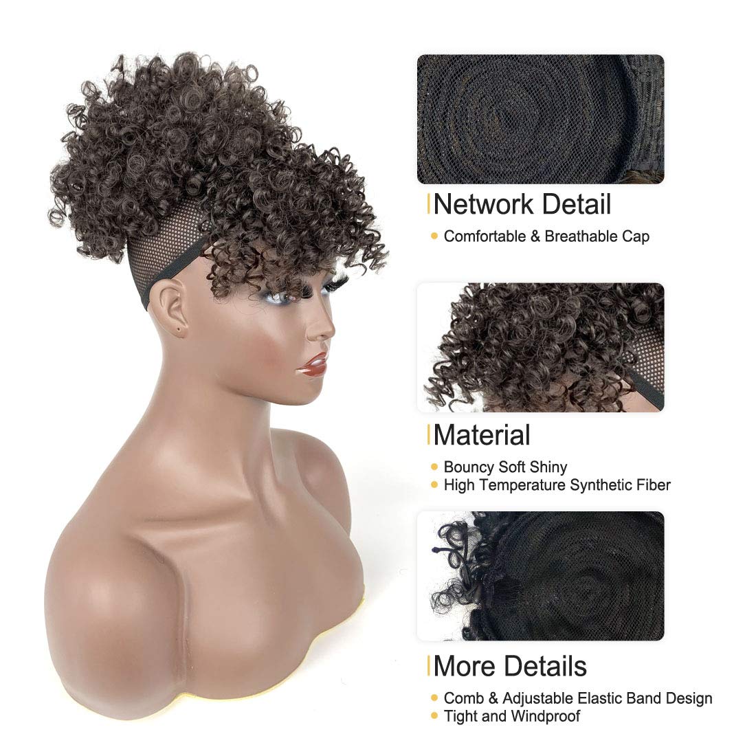 Natural Black Afro Puff Drawstring Ponytail with Bangs Kinky Curly Hair Bun with Spring Curl Bangs Clip in Hairpieces