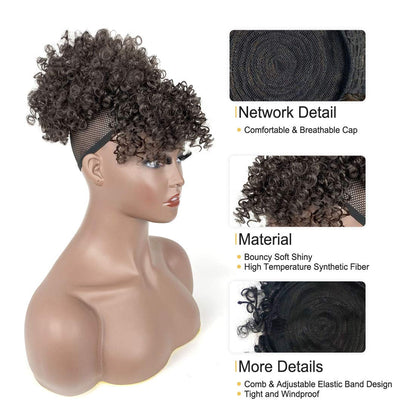 Natural Black Afro Puff Drawstring Ponytail with Bangs Kinky Curly Hair Bun with Spring Curl Bangs Clip in Hairpieces