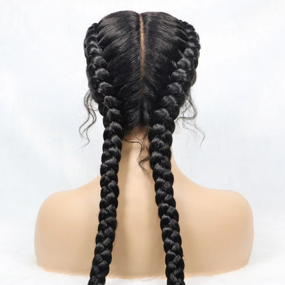 36 Inches Long Lace Front Braided Wigs Dutch Twins Braids Wig With Baby Hair