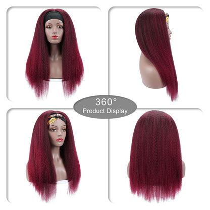 Wine Red Kinky Straight Long Hair Headband Glueless Wig