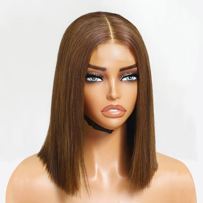 #4 Brown Blunt Cut Bone Straight Bob Wig 2x6/13x4 Inch Deep Part Realistic Lace Vietnam Hair 220% Density