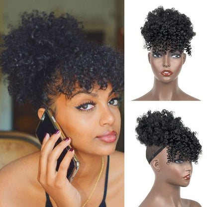 Burgundy Red Afro Puff Drawstring Ponytail with Bangs Wigs