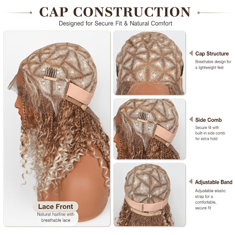 Glueless Full Lace Curly Wave Braided Wigs Honey Blonde Color Boho Braided Wigs Put on And Go Wig