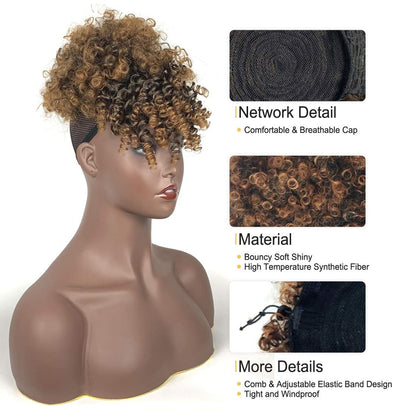 Light Brown Afro Puff Drawstring Ponytail with Bangs Wigs