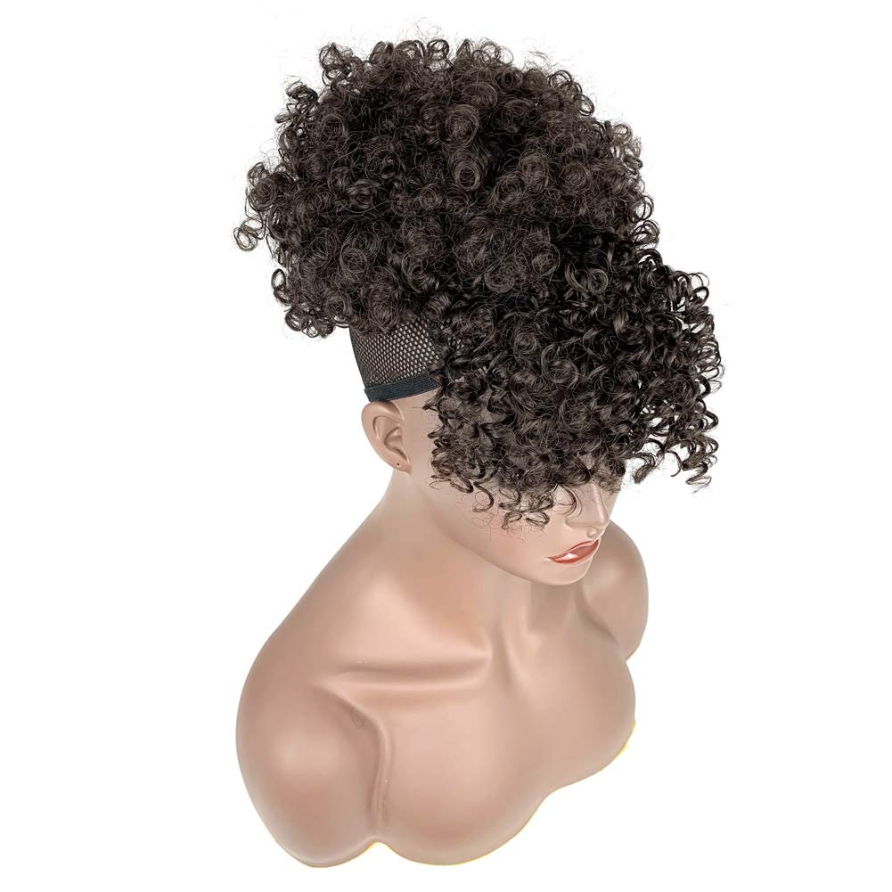Natural Black Afro Puff Drawstring Ponytail with Bangs Kinky Curly Hair Bun with Spring Curl Bangs Clip in Hairpieces