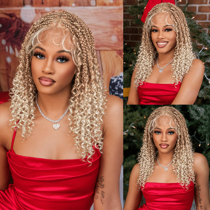 Glueless Full Lace Curly Wave Braided Wigs Honey Blonde Color Boho Braided Wigs Put on And Go Wig