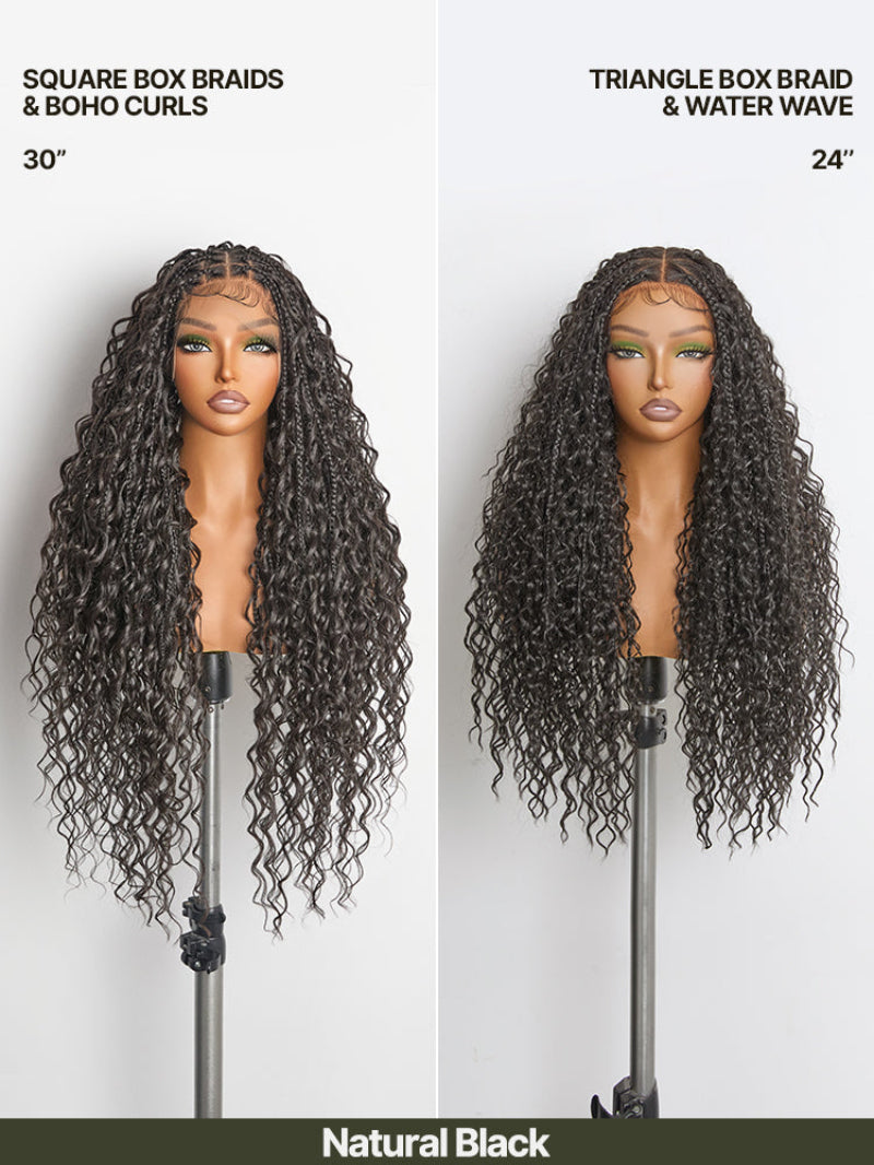 Full Lace Boho Braids Synthetic Box Braid Wig – Grid-Part Top with Mixed Boho Curls