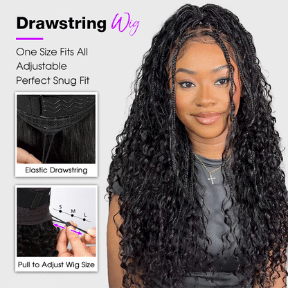 Knotless Boho Braids HD 13x6 Lace Frontal Wig Flexi Fit Drawstring Cap Water Wave Glueless Braided Wigs