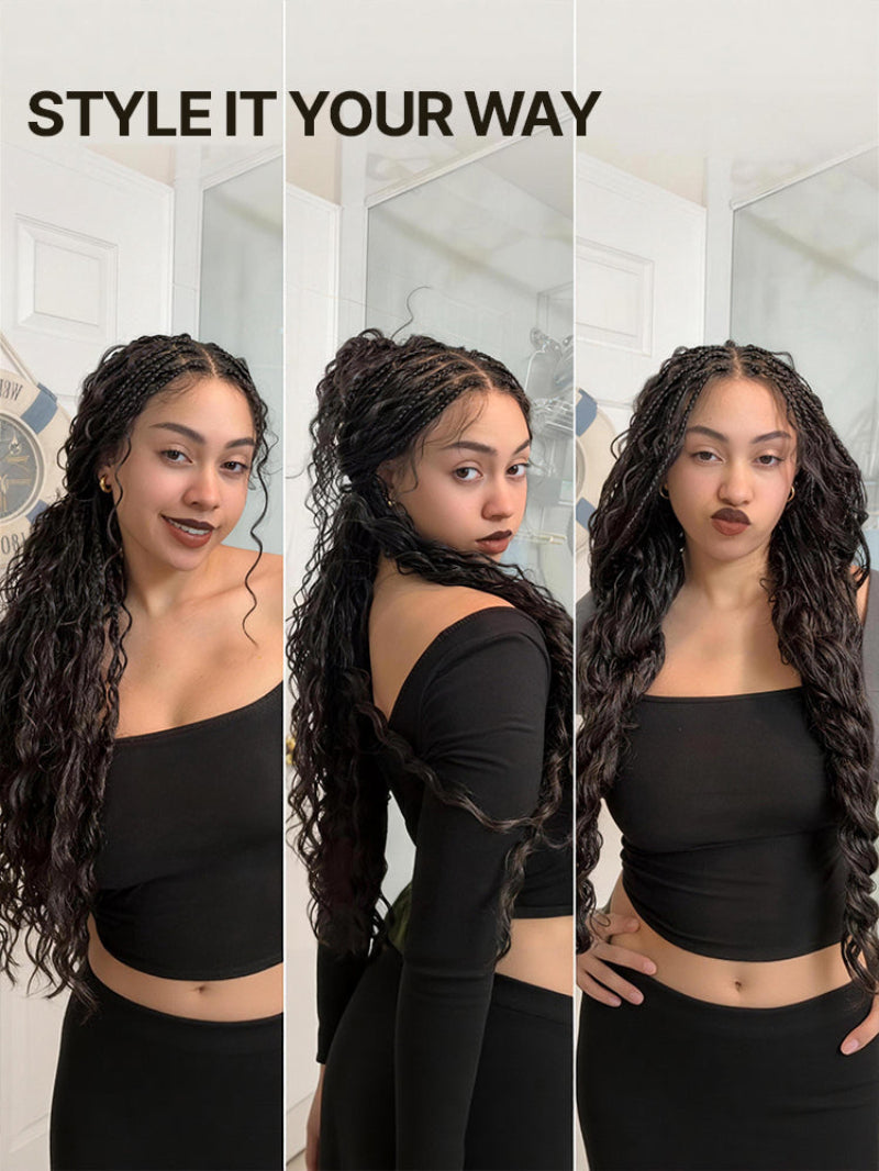 Full Lace Boho Braids Synthetic Box Braid Wig – Grid-Part Top with Mixed Boho Curls