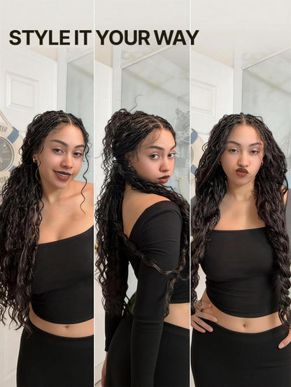 Full Lace Boho Braids Synthetic Box Braid Wig – Grid-Part Top with Mixed Boho Curls