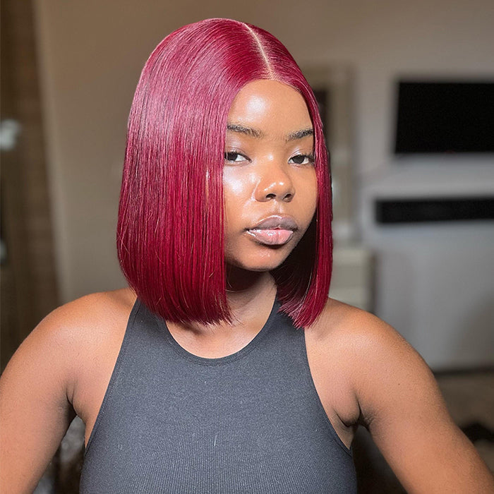 Blunt Cut Bob Wig 2x6/13x4 Lace Closure Straight #99J Red Colored Short Bob Wigs 220% Density