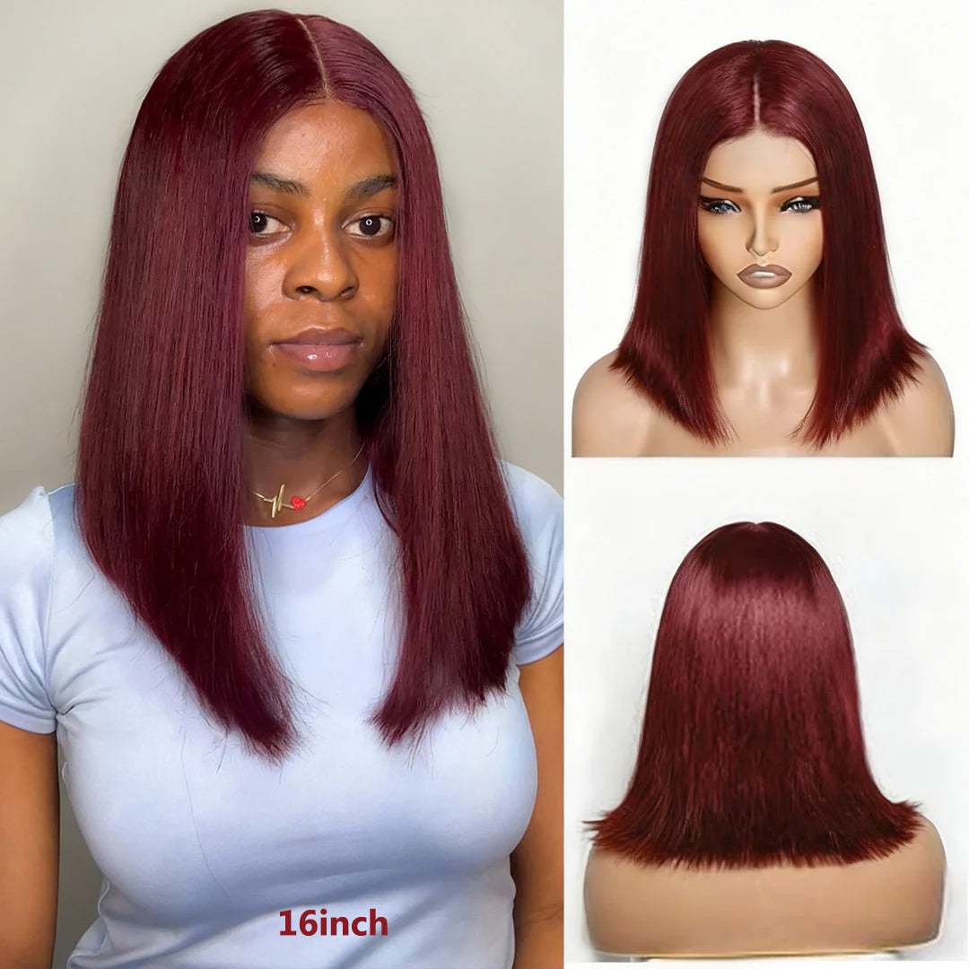 Blunt Cut Bob Wig 2x6/13x4 Lace Closure Straight #99J Red Colored Short Bob Wigs 220% Density