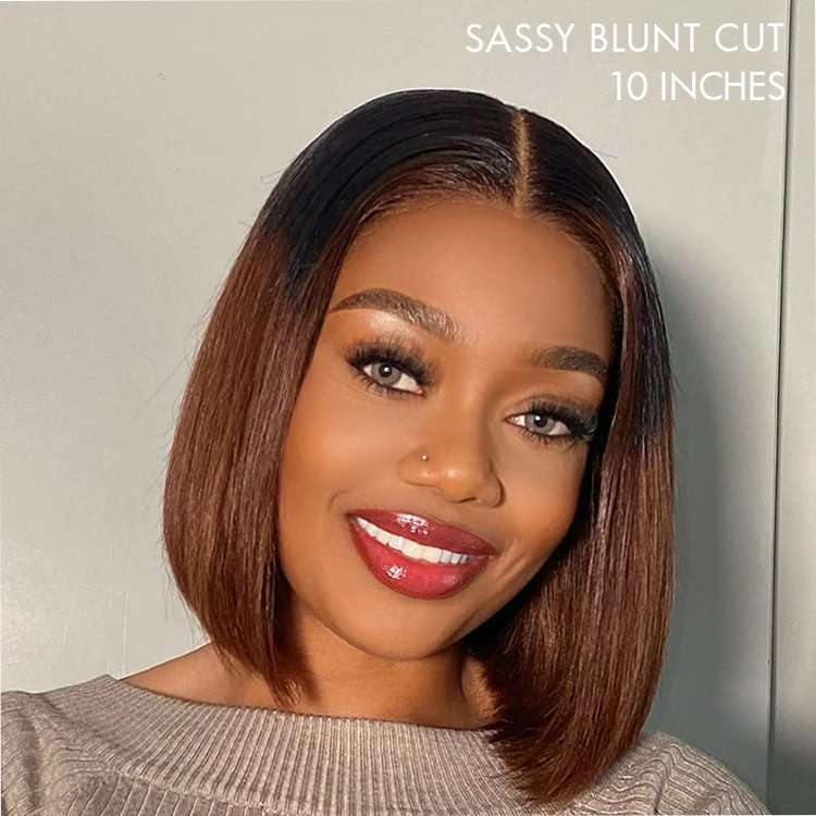 Blunt Cut Short Bob T/4 Brown 13x4/2x6 Lace Front Wig T/99J Red Straight Wigs