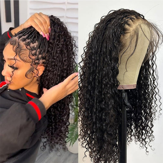 Knotless Boho Braids HD 13x6 Lace Frontal Wig Flexi Fit Drawstring Cap Water Wave Glueless Braided Wigs