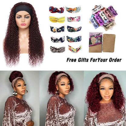 Wine Red Curly Long Hair Headband Glueless Wig