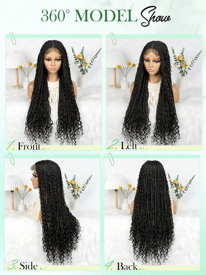BohoFull Lace Braided Wig, Long Wavy Crochet Braids Wig With Baby Hair, Handmade No-Knot Woven Braid Wave Headband Hair Extension