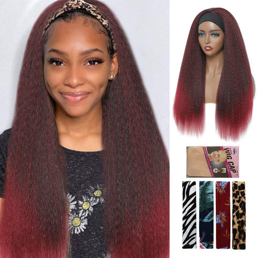 T1B/Bug Black Gradient Wine Red Kinky Straight Long Hair Headband Glueless Wig