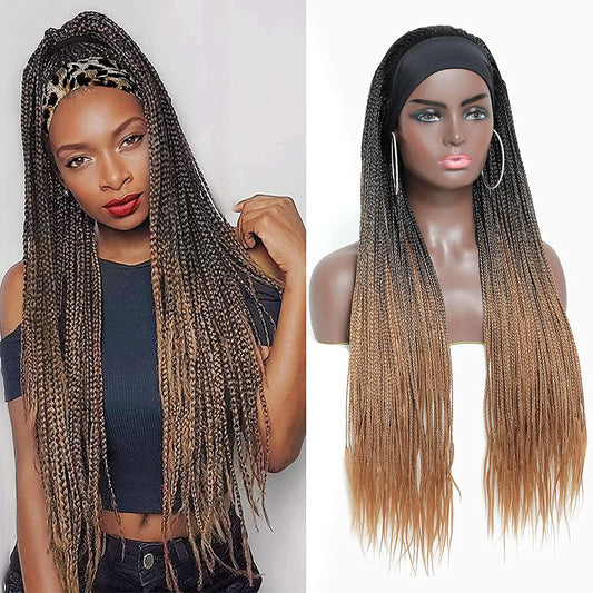 Black Gradient Light Brown Long Micro Braids Wig Headband Wigs Box Braided Wigs