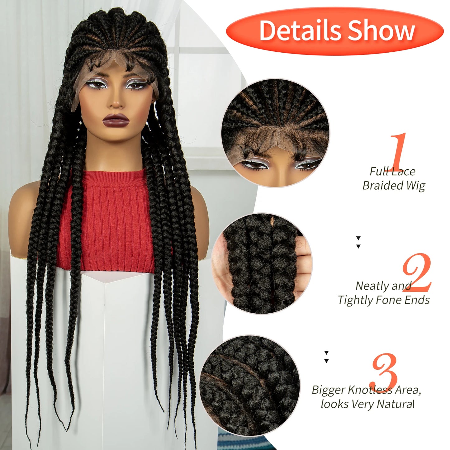 32INCH Cornrow Braided Wigs Full Lace Braids Wig with Baby Hair Lace Frontal Knotless Braided Lace Wig