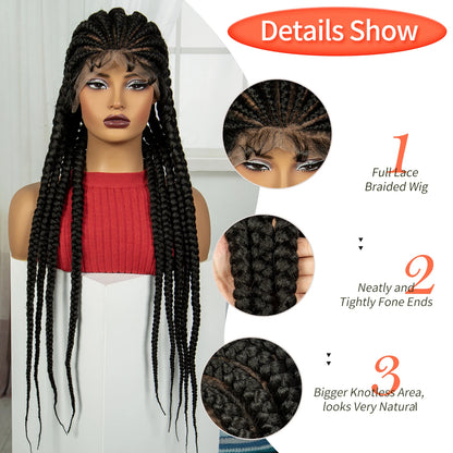 32INCH Cornrow Braided Wigs Full Lace Braids Wig with Baby Hair Lace Frontal Knotless Braided Lace Wig