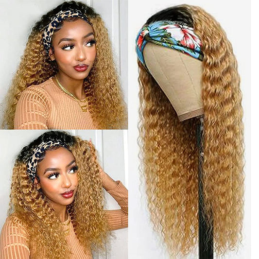 Black Mixed Blonde Curly Long Hair Headband Glueless Wig