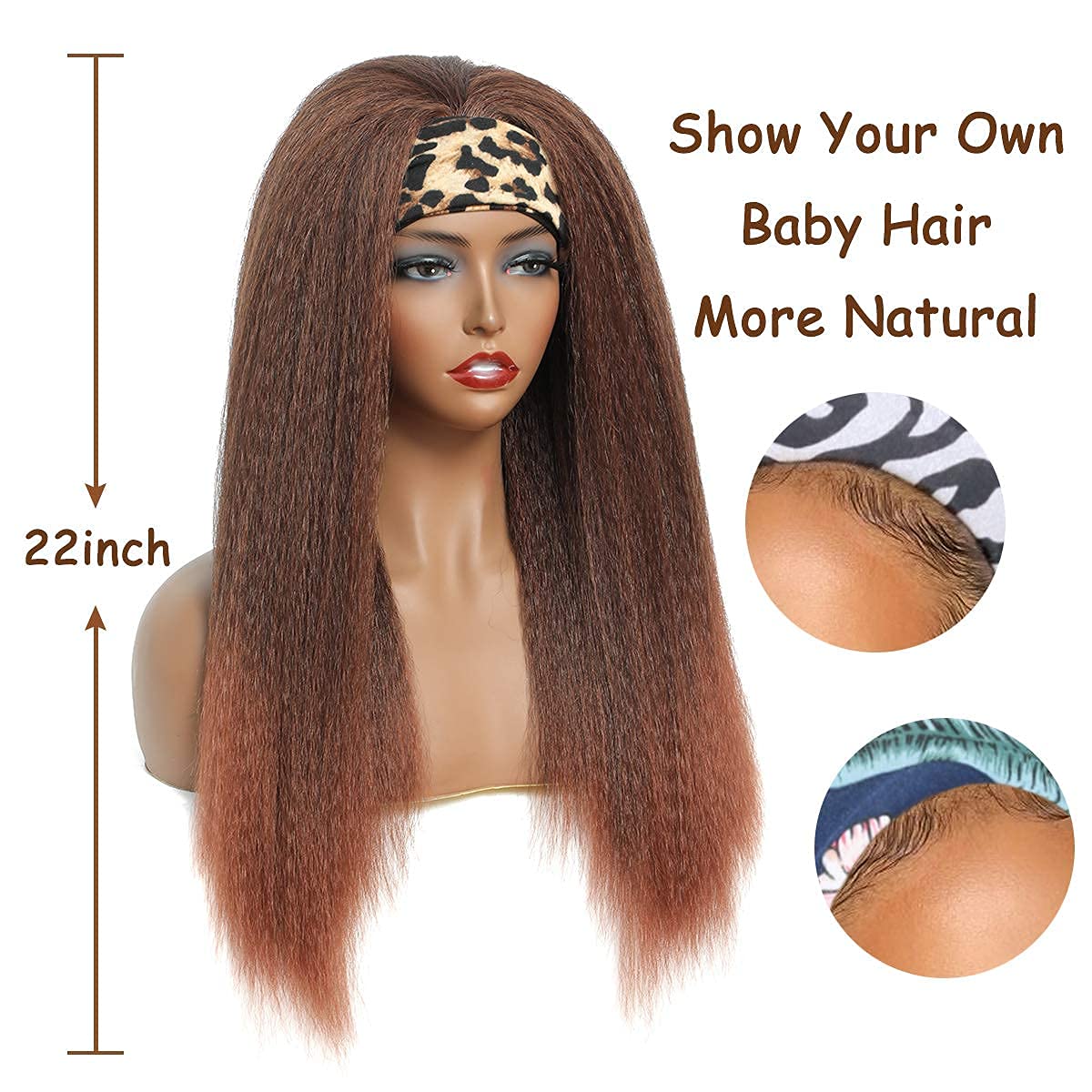 T30# Black Gradient Dark Brown Kinky Straight Long Hair Headband Glueless Wig