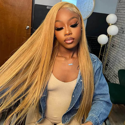 [Glueless Wig] #27 Honey Blonde Straight Hair 5x5 Pre-Cut HD Lace Ready To Go Glueless  Wigs