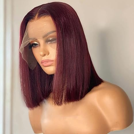 Blunt Cut Bob Wig #99J Red Colored Straight Short Bob 13x4 Lace Front Wigs 220% Density